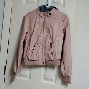 Leather jacket with hood in pink size s